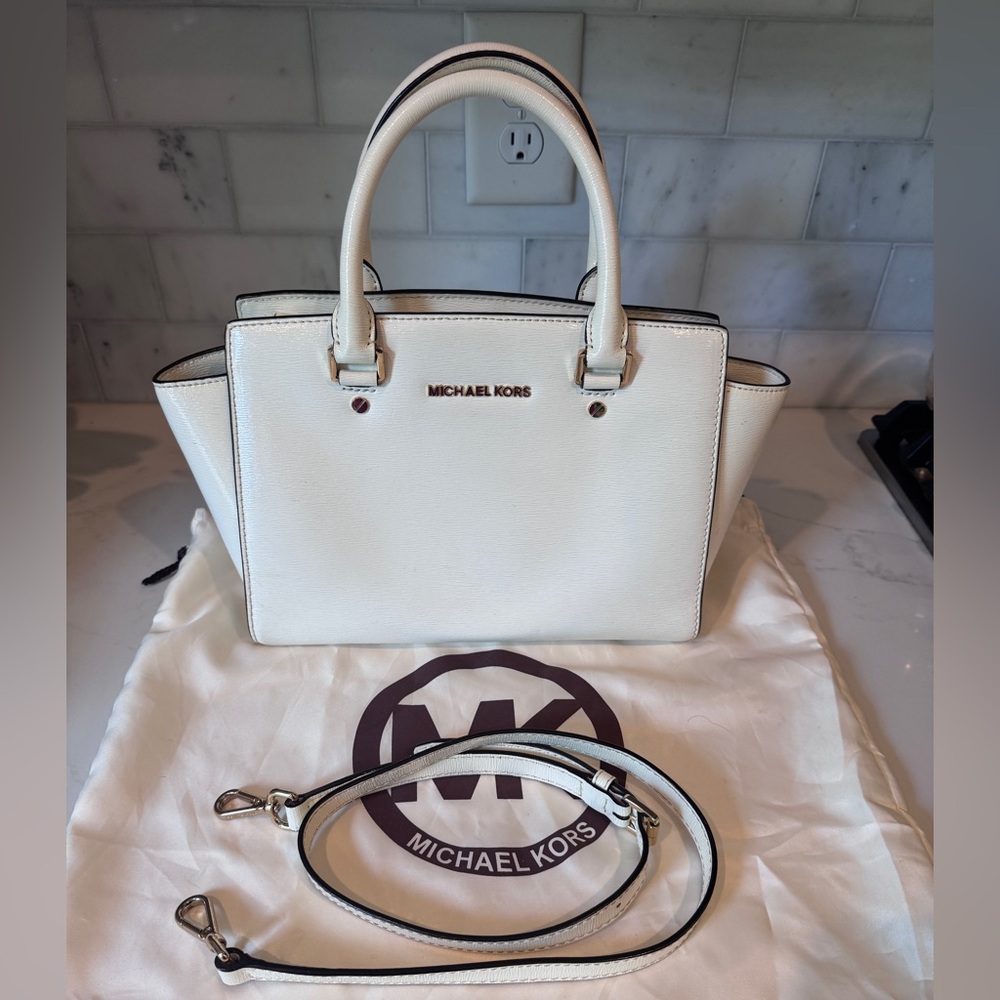 Michael Kors White Selma Satchel with Gold Hardware
